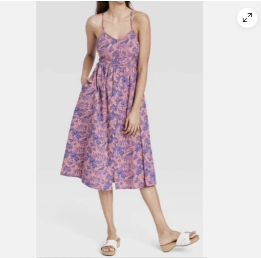 Universal Thread Orchid Floral Button Down Dress Tie Back Midi Sienna Blue XL